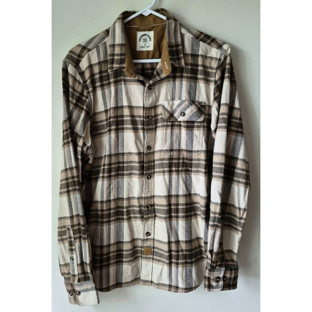 Dubinik Men's Long Sleeve Plaid Cotton Flannel Brown/Cream Pocket Logo Size M